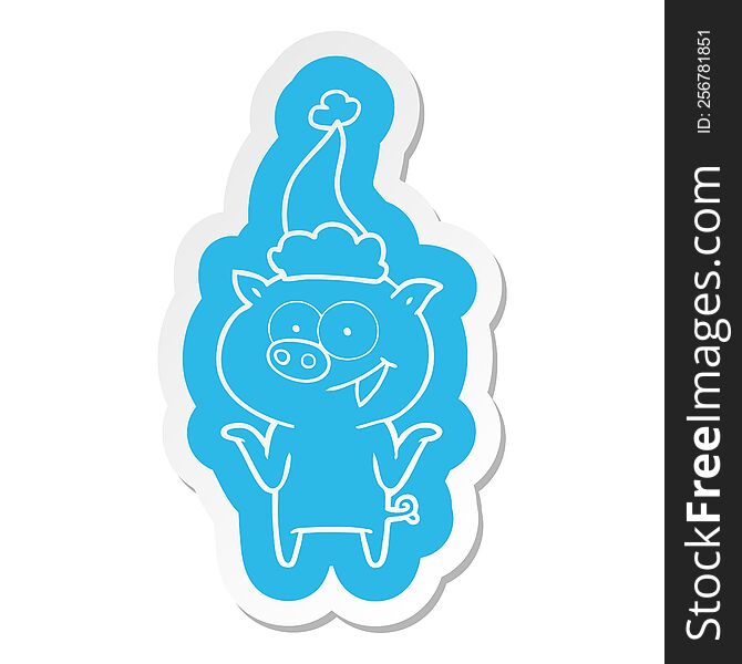 quirky cartoon  sticker of a pig with no worries wearing santa hat