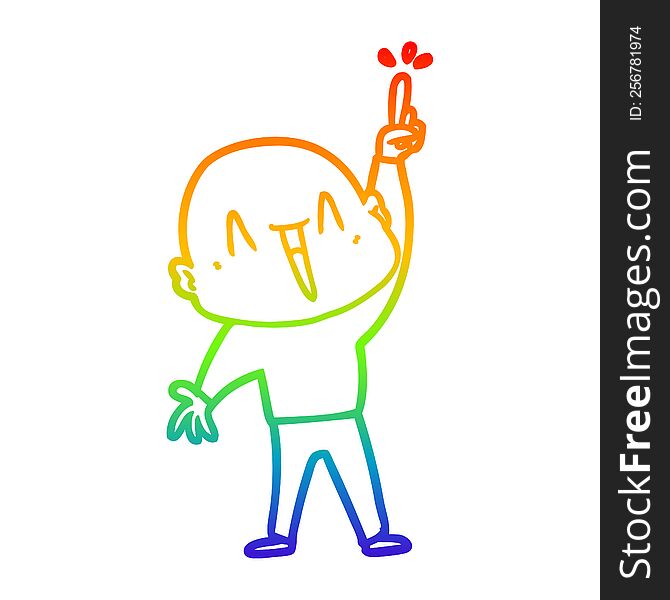 rainbow gradient line drawing of a happy cartoon bald man with great idea