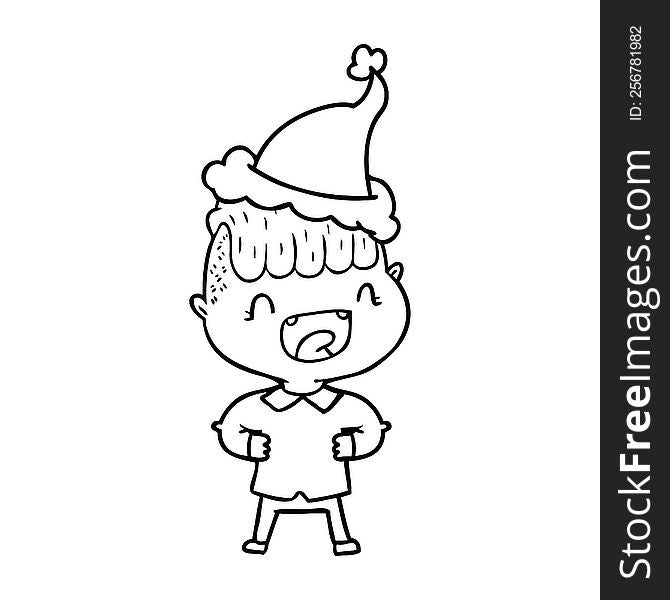 hand drawn line drawing of a happy boy laughing wearing santa hat