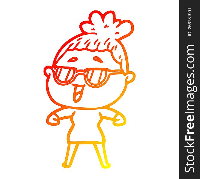 warm gradient line drawing of a cartoon happy woman wearing spectacles