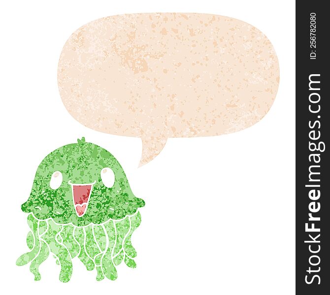 Cartoon Jellyfish And Speech Bubble In Retro Textured Style