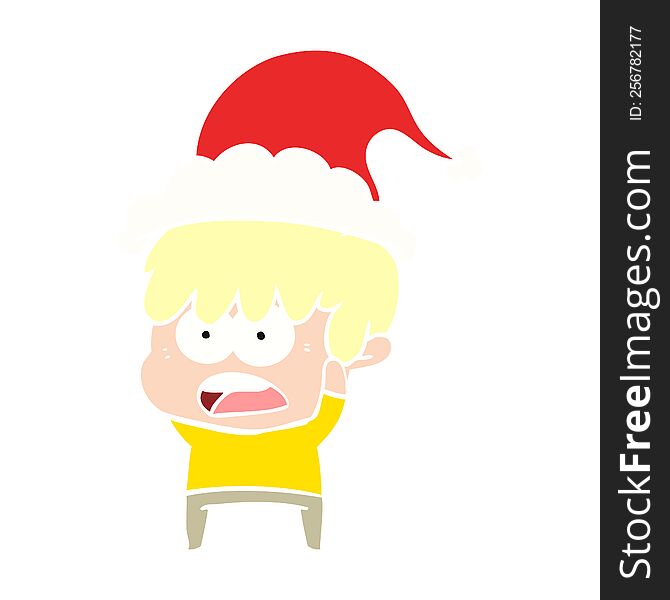 worried hand drawn flat color illustration of a boy wearing santa hat. worried hand drawn flat color illustration of a boy wearing santa hat