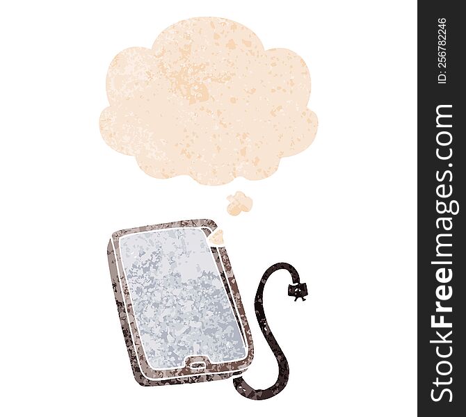 cartoon computer tablet with thought bubble in grunge distressed retro textured style. cartoon computer tablet with thought bubble in grunge distressed retro textured style