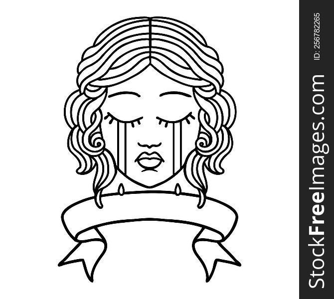 Black Linework Tattoo With Banner Of Female Face Crying