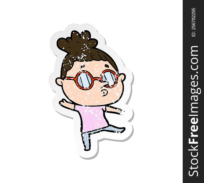 Distressed Sticker Of A Cartoon Woman Wearing Glasses