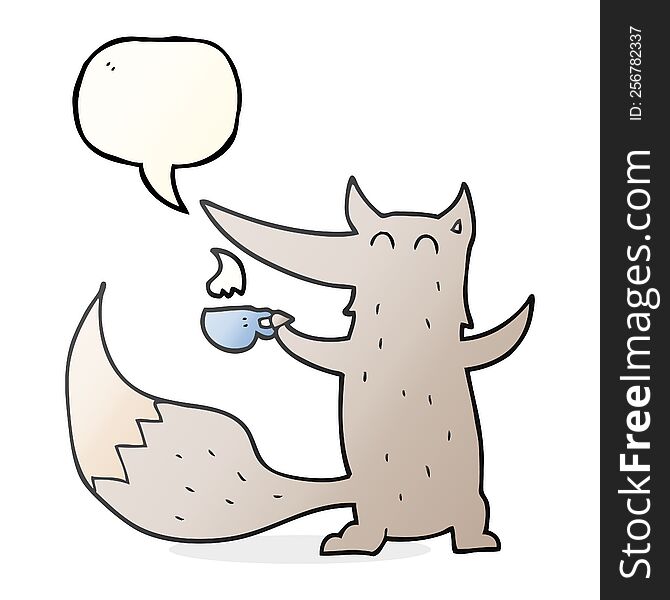 freehand drawn speech bubble cartoon wolf with coffee cup