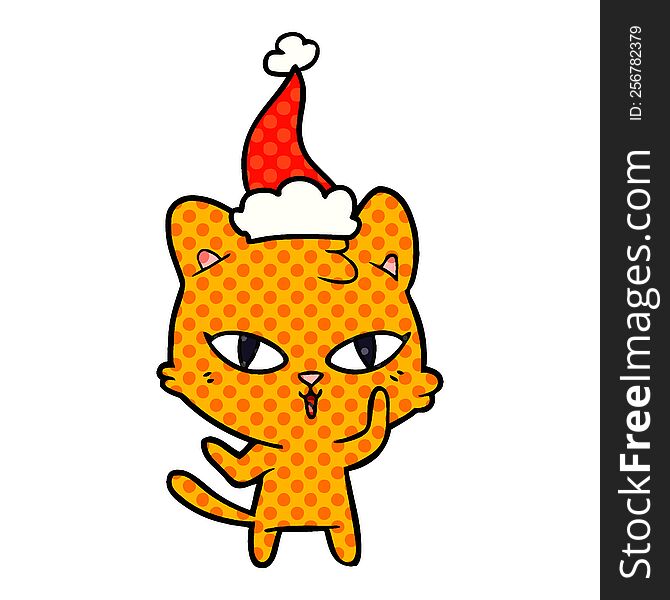 Comic Book Style Illustration Of A Cat Wearing Santa Hat