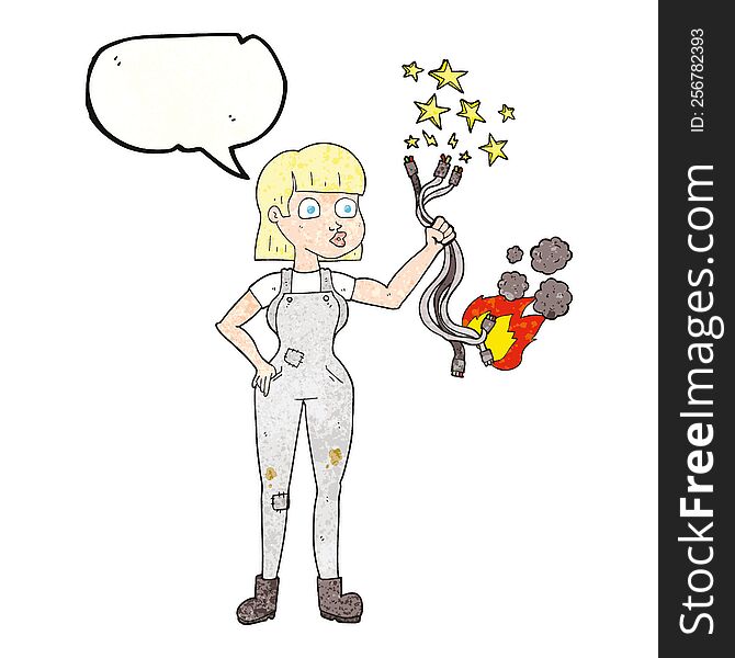 freehand speech bubble textured cartoon female electrician