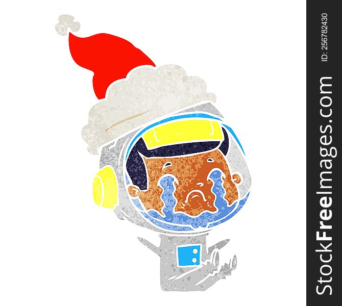 Retro Cartoon Of A Crying Astronaut Wearing Santa Hat