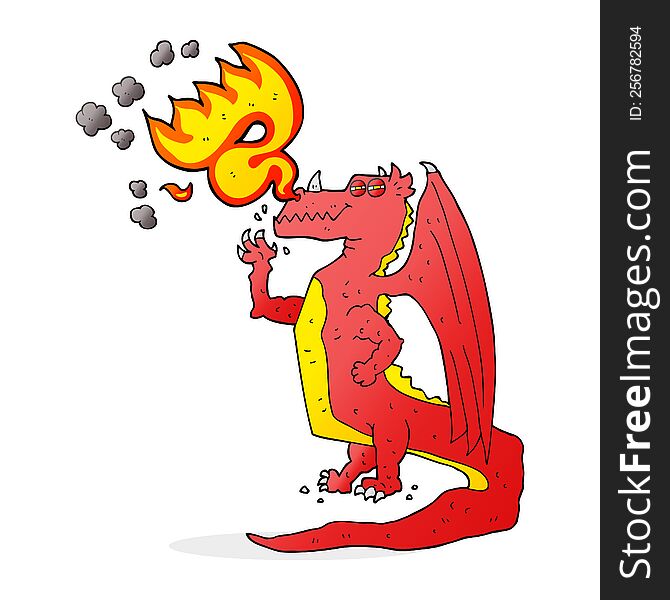 freehand drawn cartoon happy dragon breathing fire