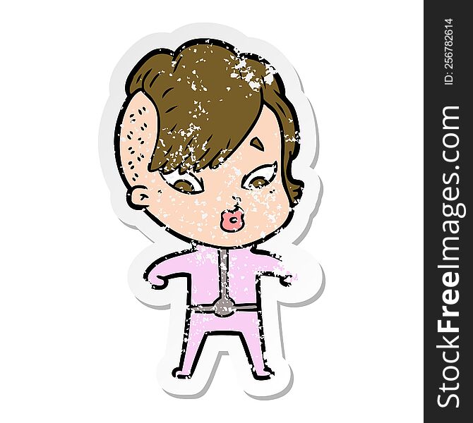 distressed sticker of a cartoon surprised girl in science fiction clothes