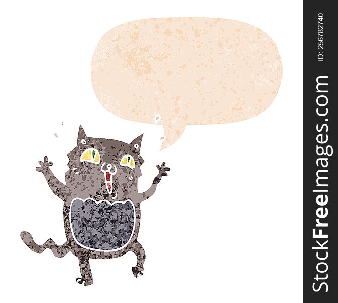 Cartoon Crazy Excited Cat And Speech Bubble In Retro Textured Style