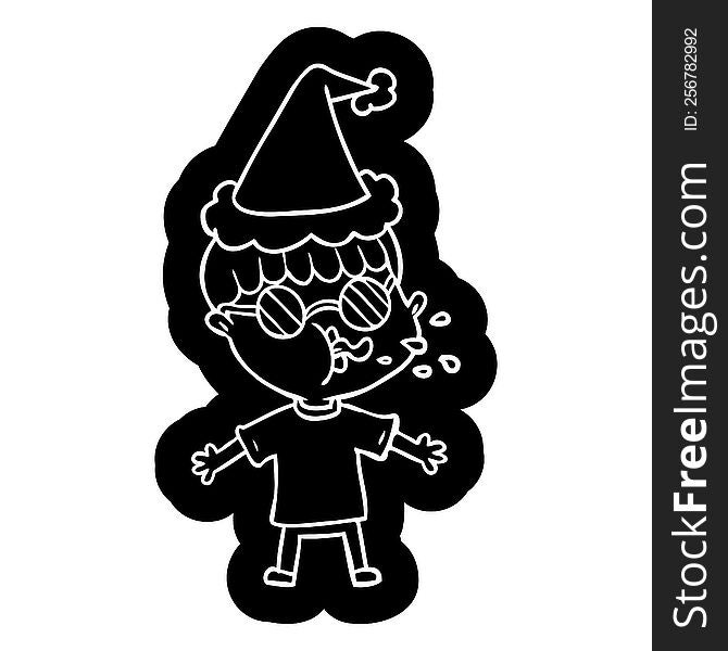quirky cartoon icon of a boy wearing spectacles wearing santa hat