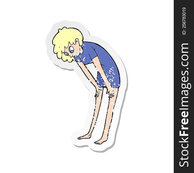 Retro Distressed Sticker Of A Cartoon Woman Looking At Her Feet