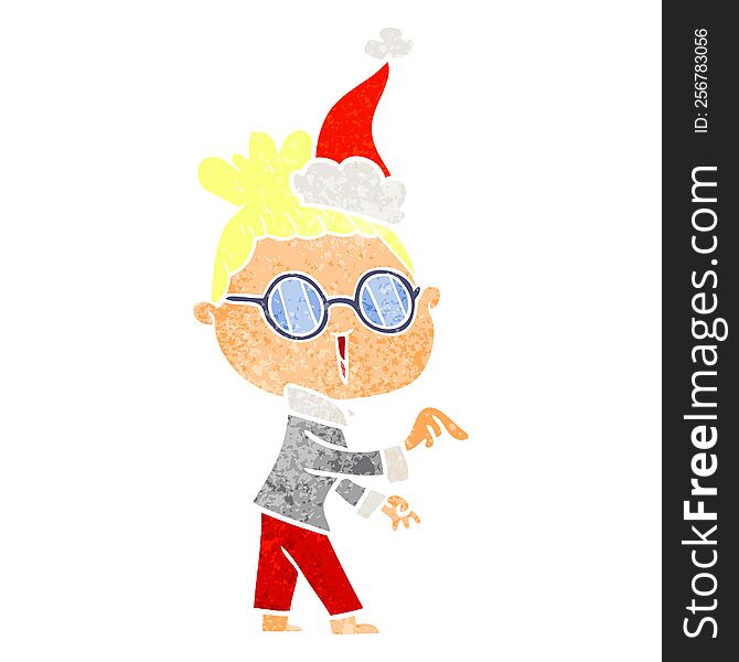 hand drawn retro cartoon of a woman wearing spectacles wearing santa hat