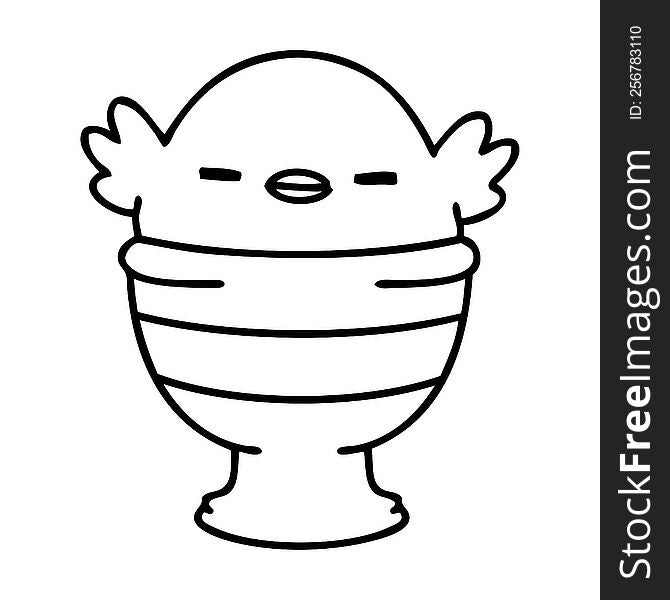 line doodle of a cute baby bird sitting in egg cup. line doodle of a cute baby bird sitting in egg cup