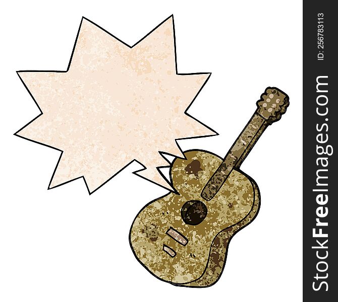 cartoon guitar with speech bubble in retro texture style