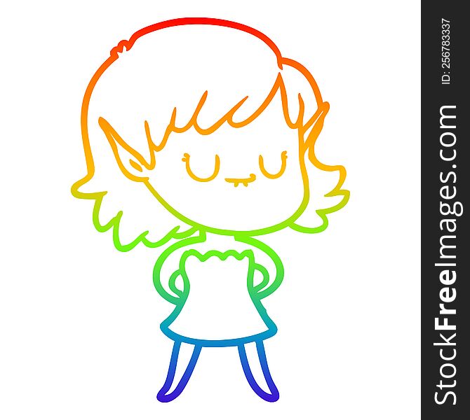 rainbow gradient line drawing of a happy cartoon elf girl wearing dress