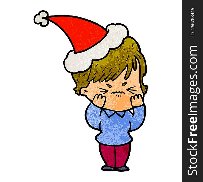 Textured Cartoon Of A Frustrated Woman Wearing Santa Hat