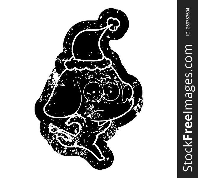 quirky cartoon distressed icon of a unsure elephant running away wearing santa hat