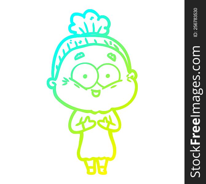 cold gradient line drawing of a cartoon happy old woman