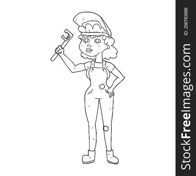 freehand drawn black and white cartoon capable woman with wrench