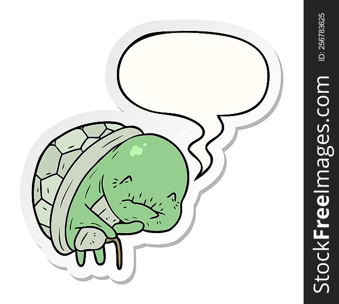 cute cartoon old turtle with walking stick with speech bubble sticker. cute cartoon old turtle with walking stick with speech bubble sticker
