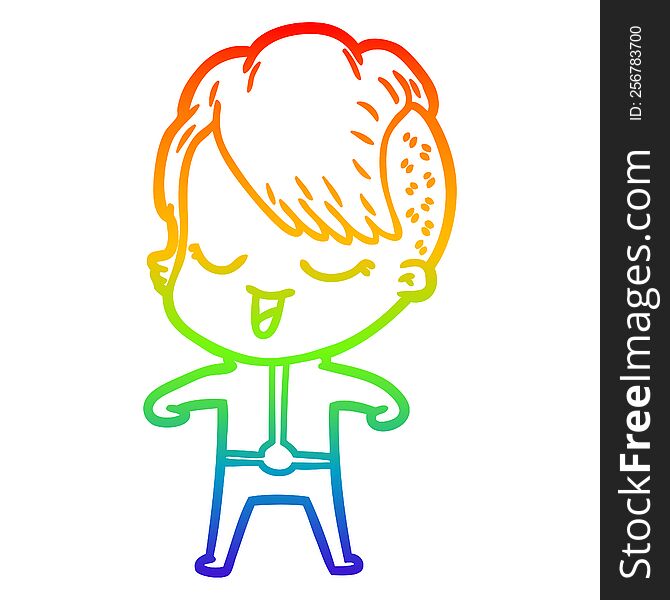 rainbow gradient line drawing happy cartoon girl in futuristic clothes