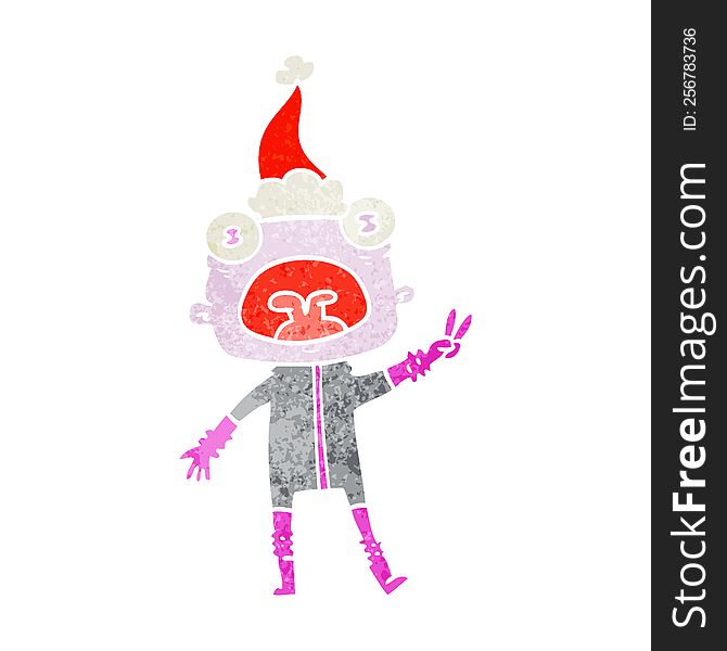 hand drawn retro cartoon of a weird alien waving wearing santa hat