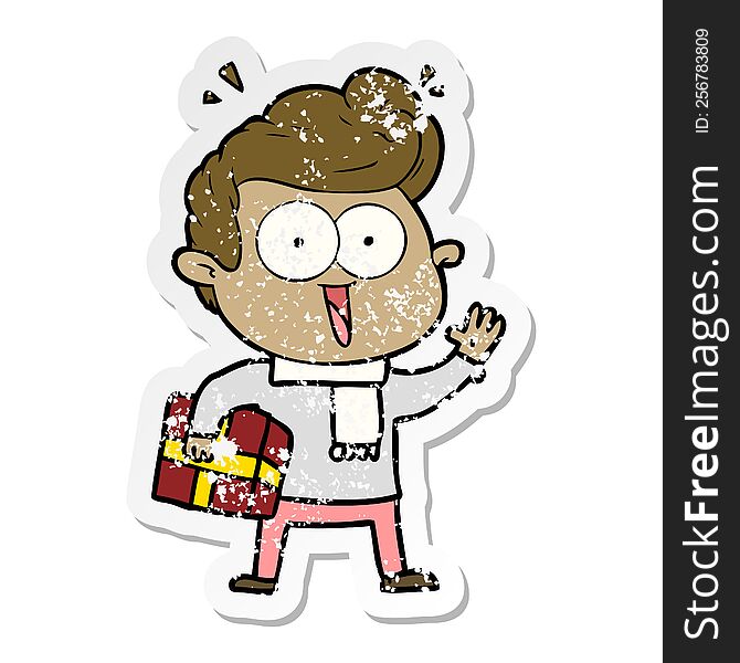 Distressed Sticker Of A Cartoon Excited Man With Present