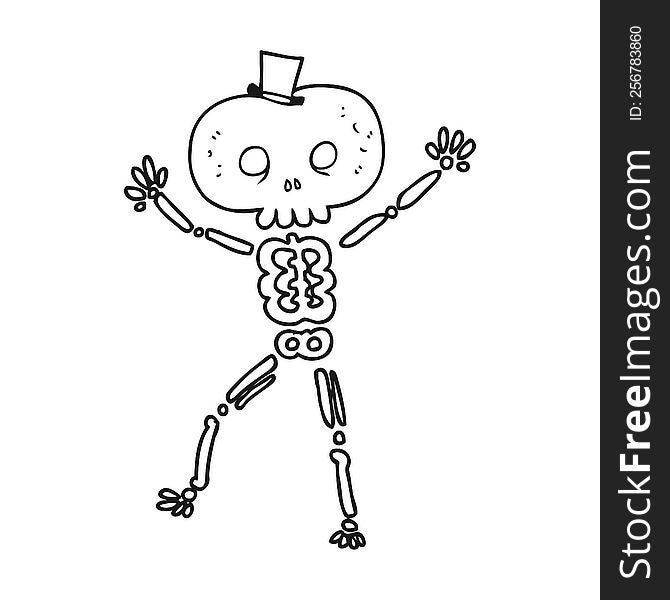 freehand drawn black and white cartoon dancing skeleton