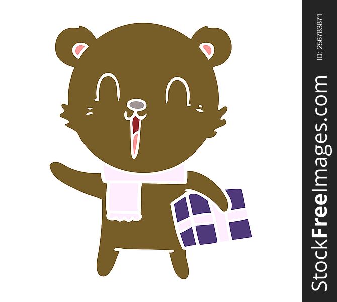 happy flat color style cartoon bear with gift