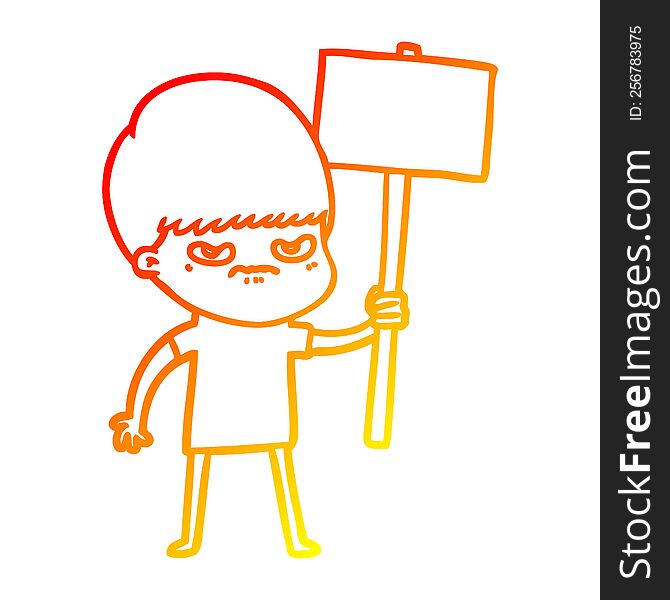 warm gradient line drawing of a angry cartoon boy protesting