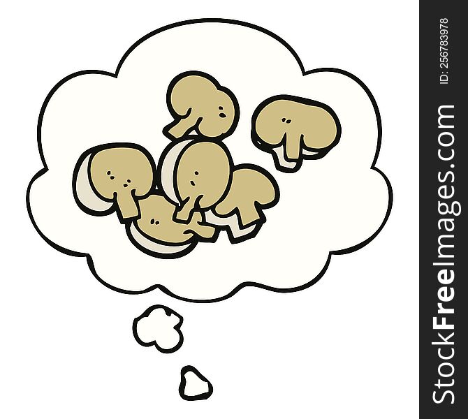 cartoon chopped mushrooms with thought bubble