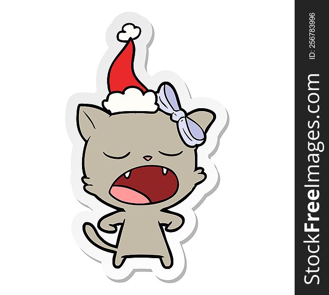 Sticker Cartoon Of A Yawning Cat Wearing Santa Hat