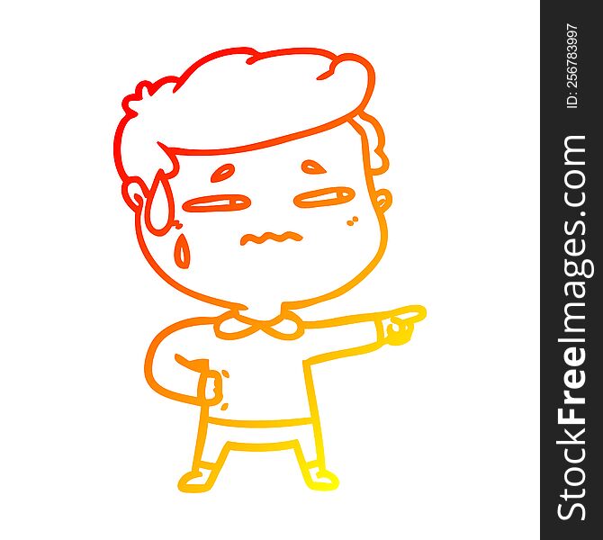warm gradient line drawing of a cartoon anxious man pointing