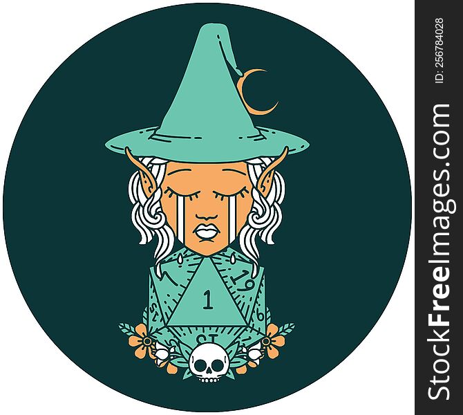 icon of crying elf witch with natural one D20 roll. icon of crying elf witch with natural one D20 roll