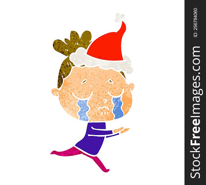 Retro Cartoon Of A Crying Woman Wearing Santa Hat