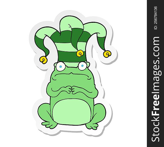 sticker of a cartoon nervous frog wearing jester hat