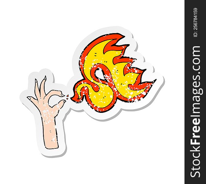 retro distressed sticker of a cartoon hand and fire symbol