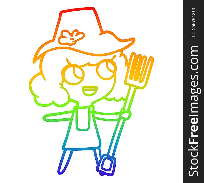 rainbow gradient line drawing of a cartoon farmer girl with fork