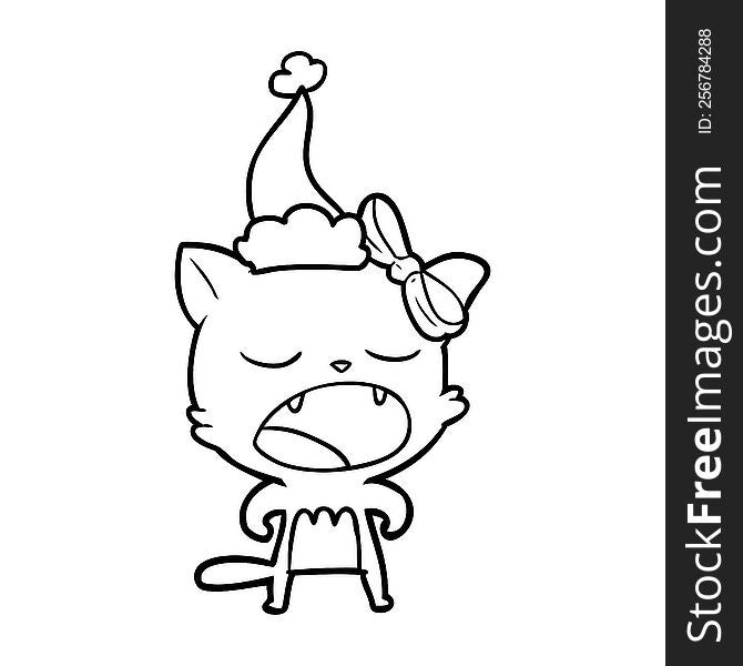 hand drawn line drawing of a cat meowing wearing santa hat