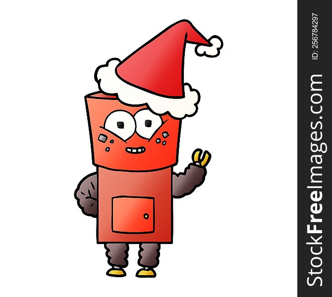 happy hand drawn gradient cartoon of a robot waving hello wearing santa hat