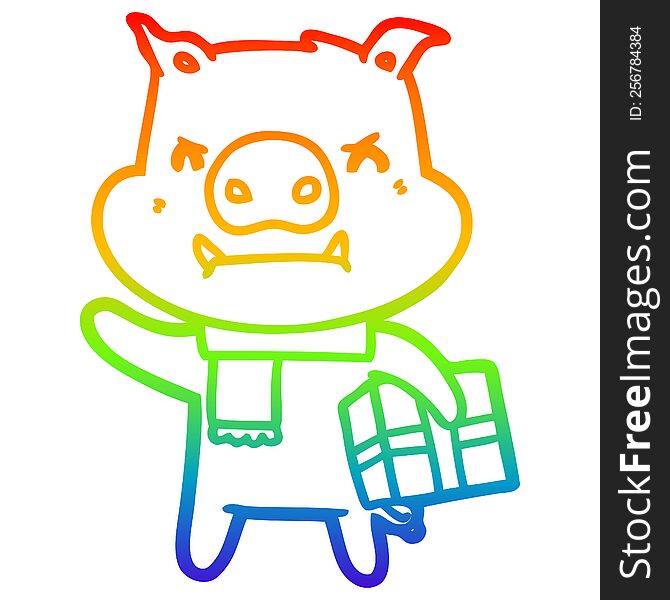 Rainbow Gradient Line Drawing Angry Cartoon Pig With Christmas Gift