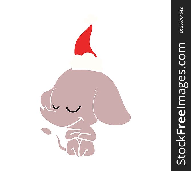 Flat Color Illustration Of A Smiling Elephant Wearing Santa Hat