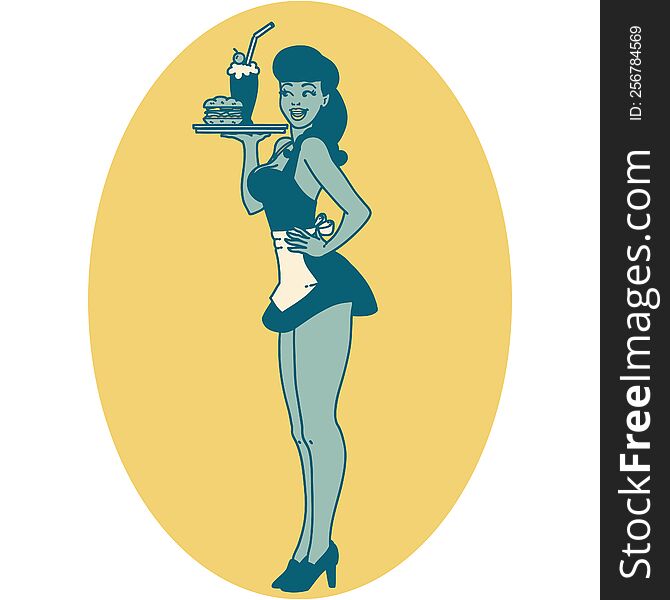 tattoo in traditional style of a pinup waitress girl. tattoo in traditional style of a pinup waitress girl