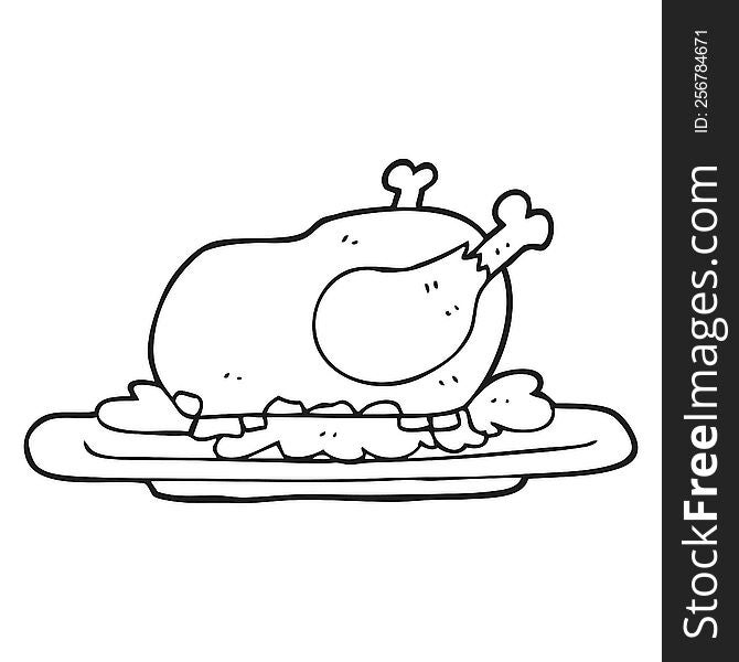 freehand drawn black and white cartoon cooked turkey
