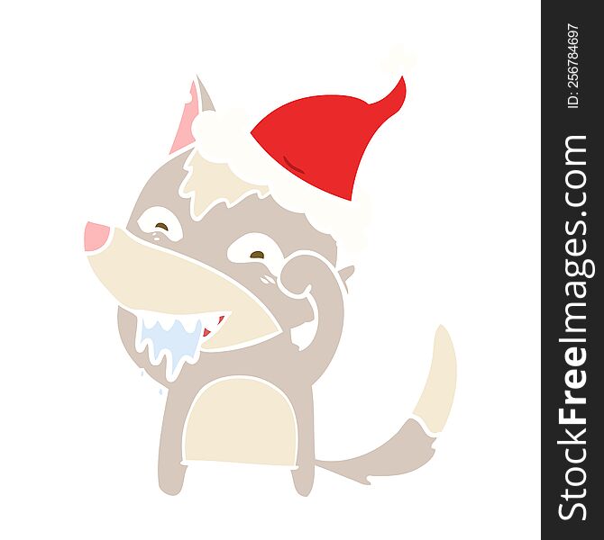 hand drawn flat color illustration of a hungry wolf wearing santa hat