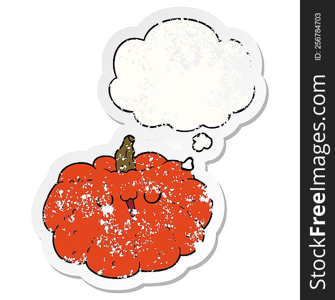 happy cartoon pumpkin with thought bubble as a distressed worn sticker