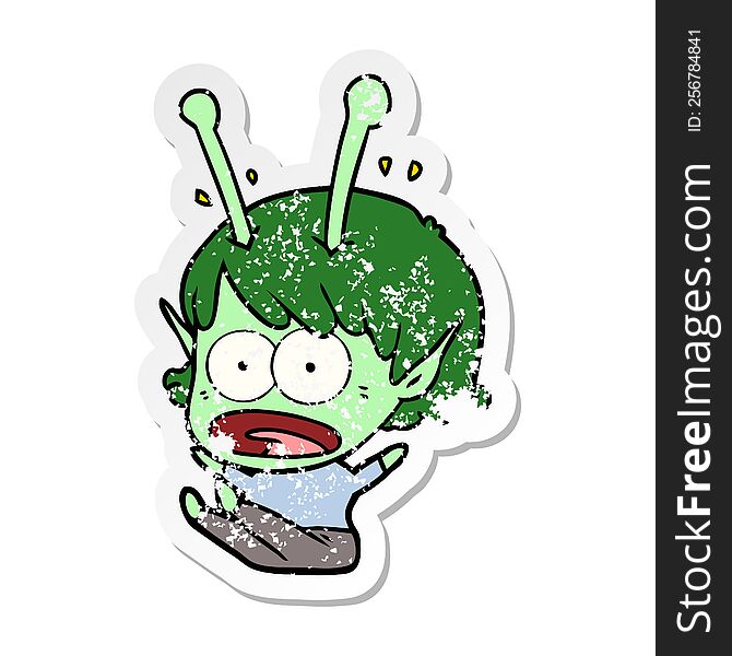 distressed sticker of a cartoon shocked alien girl